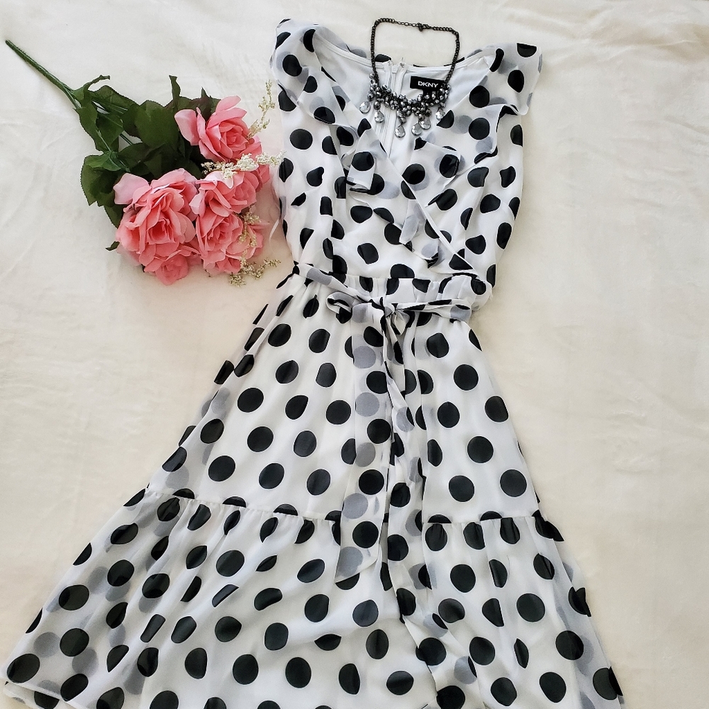 DKNY Black Polka Dot Tie-Waist Sleeveless Midi Dress